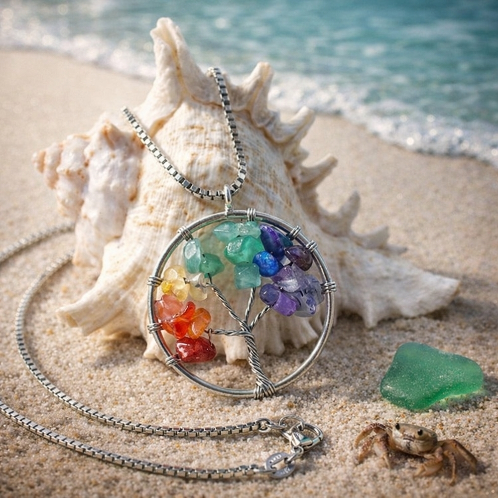 Handmade Chakra Tree Of Life Crystal Pendant Stainless Steel Boho Chic Necklace - Picture 14 of 16